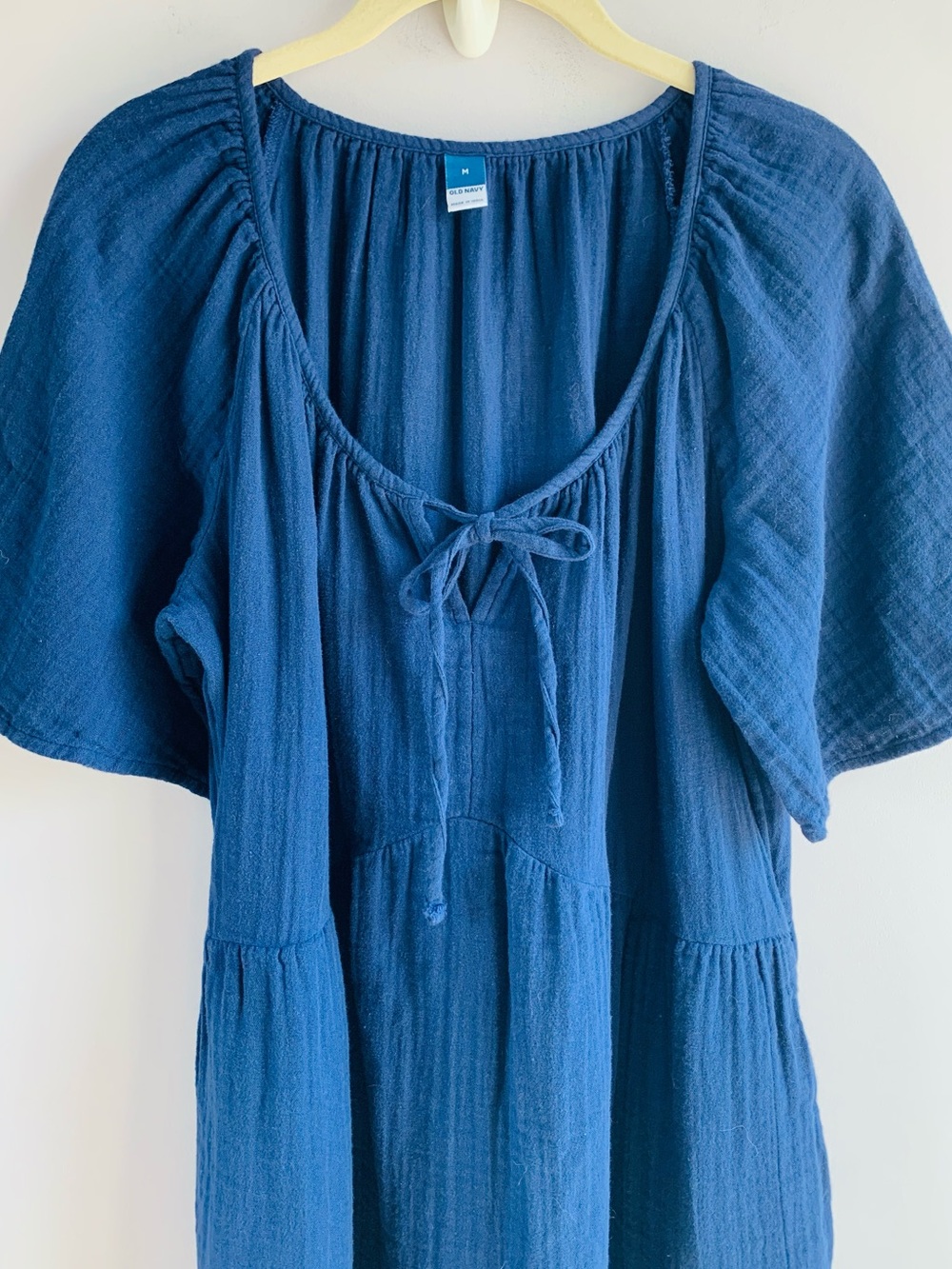 Old Navy Mini Dress Flutter Sleeve Tie Neck Navy Cotton Summer Casual EUC Medium